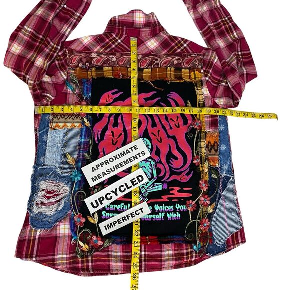 Upcycled Flannel Shirt Womens Sz Large Shacket Halloween Grunge Camp Rock - Picture 3 of 13